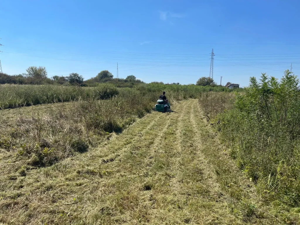 Osoba kosi travu na livadi pod vedrim nebom